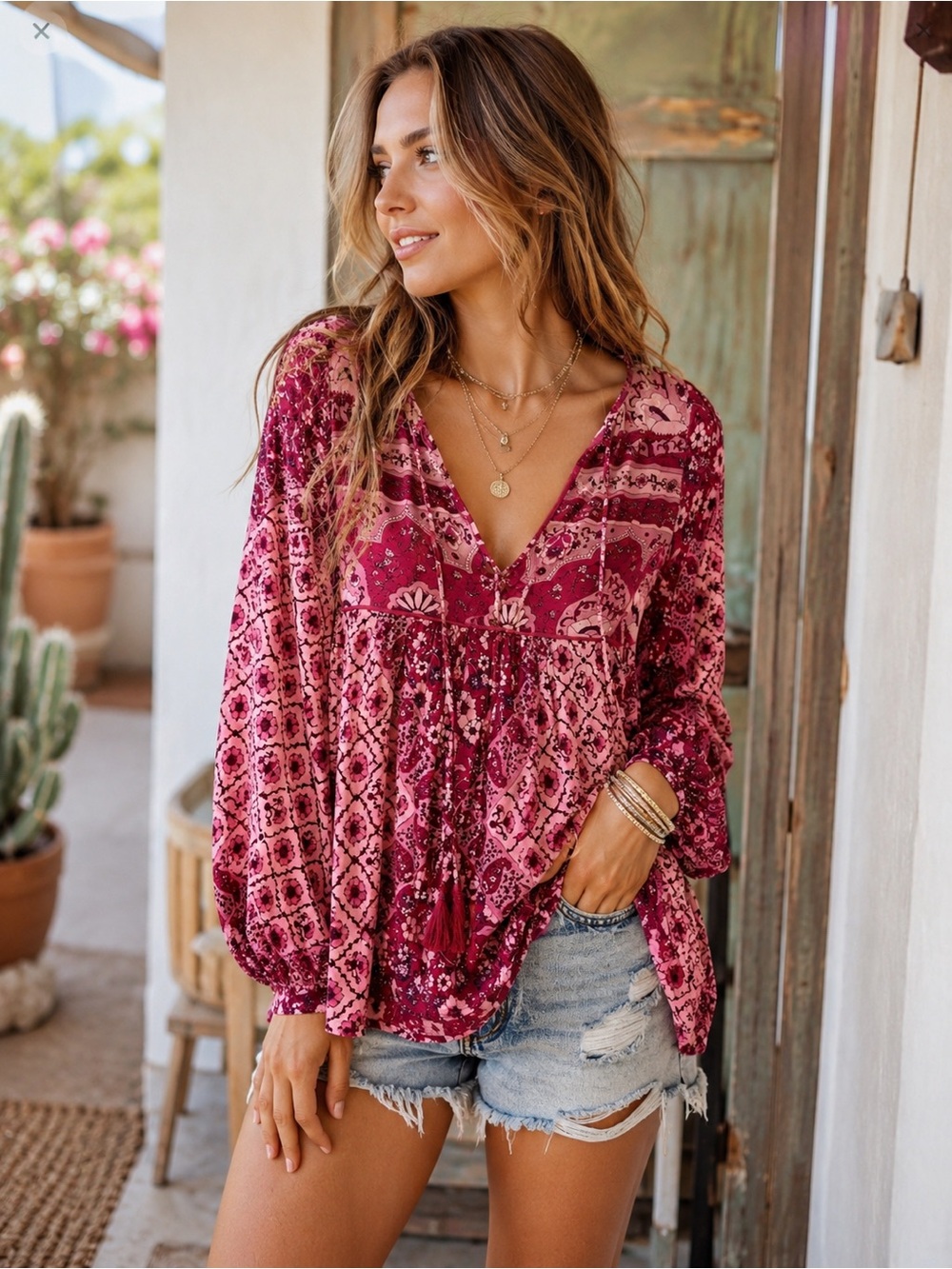 House of Skye Pink Red Bohemian Printed Tassel Top Peasant Blouse Festival